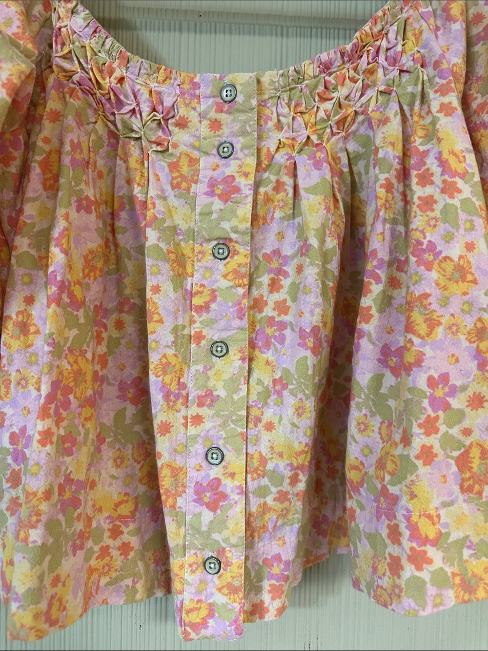 BWT Free People Women's Floral Off-Shoulder Button Front Top - Pink & Yellow - Picture 2 of 11